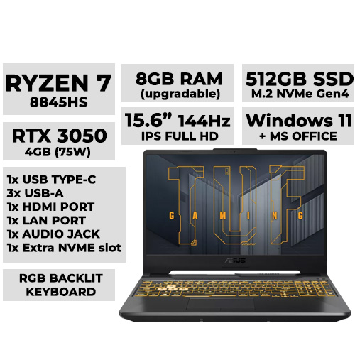 ASUS TUF A15 Gaming Laptop 15.6" 144hz IPS | RYZEN 7 8845HS | 8GB RAM (2 slot) | 512GB NVMe | RTX 3050 4GB (Model: FA506NCG-HN349WSM)